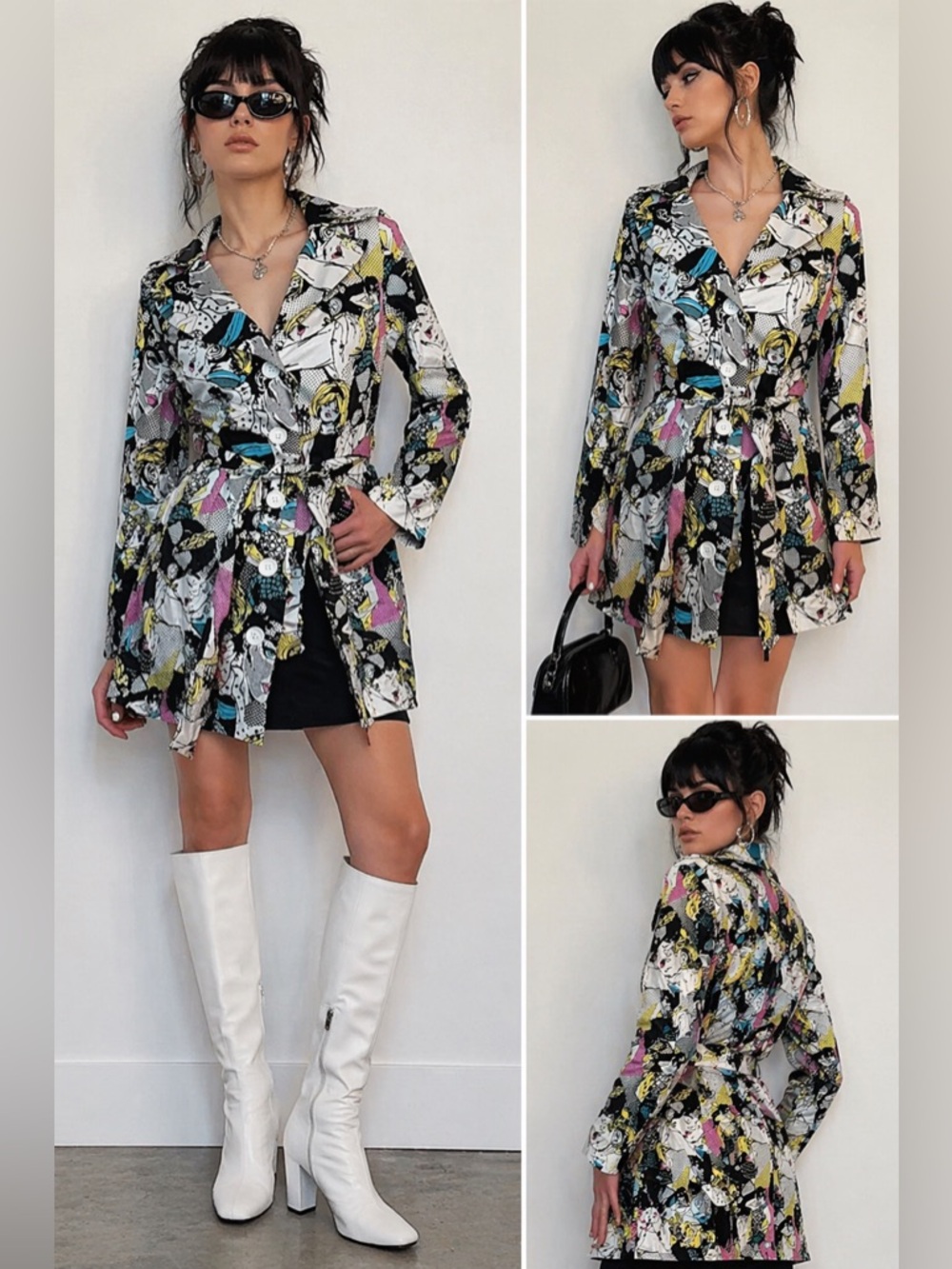 JUST IN TIME Y2K Lichtenstein Inspired Pop Art Comic Trench Coat Jacket | S/M